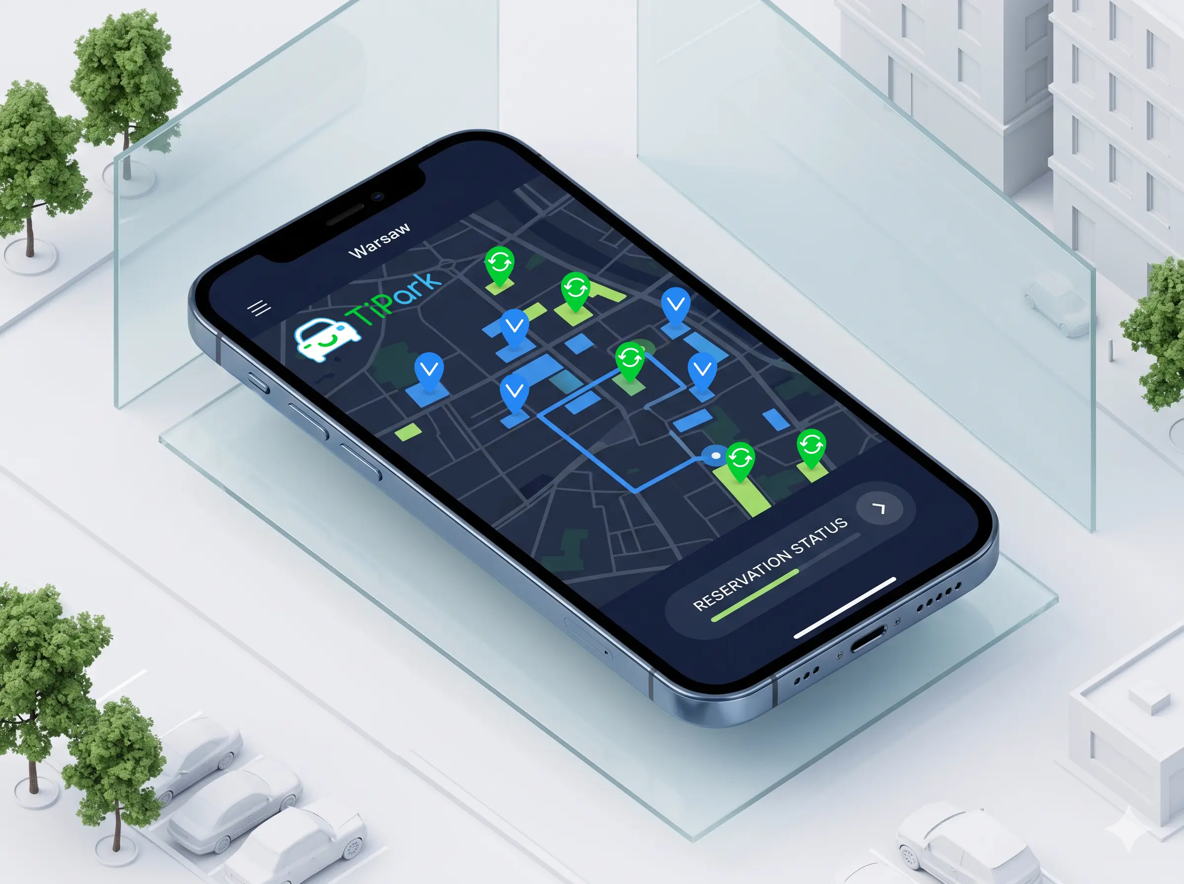 Makieta aplikacji TiPark z mapą dostępnych miejsc parkingowych